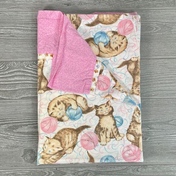 Vintage Adorable Handmade Kitty Cats Kittens Pillow Case Pink and Blue 28 x 20" - Picture 1 of 9